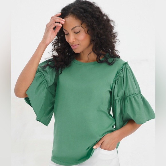 Chico’s Knit And Woven Tiered-Sleeve Top size 0 Small / Medium Envy Green - Picture 1 of 8